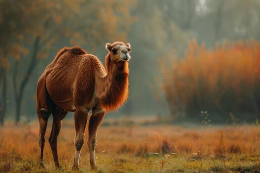 A camel is standing in the middle of a field photo