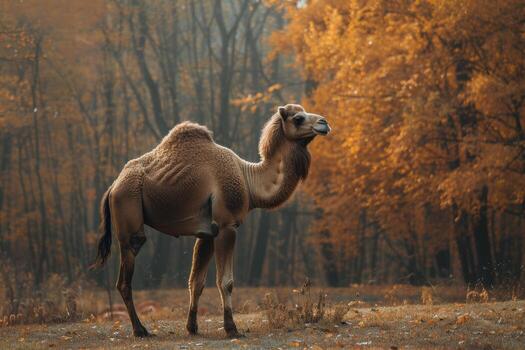 A camel standing in the middle of an autumn forest photo