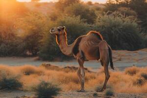 A camel standing in the desert at sunset photo