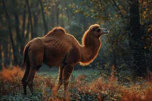 A camel standing in the middle of a forest photo