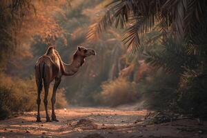 A camel is walking through the desert in the morning photo