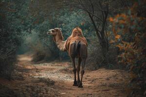 A camel walking down a dirt road in the middle of the forest photo