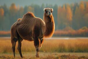A camel standing in a field with trees in the background photo