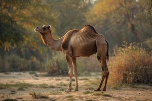 A camel standing in the dirt near trees photo