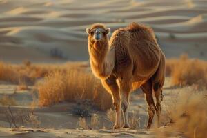 A camel is standing in the desert photo
