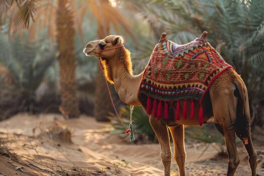 A camel with a saddle standing in the desert photo
