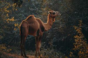 A camel standing in the woods photo