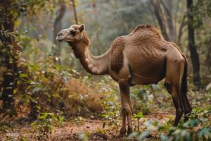 A camel is standing in the middle of a forest photo