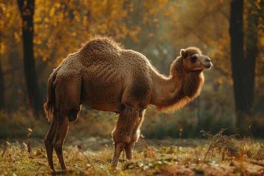 A camel is standing in the middle of a field photo