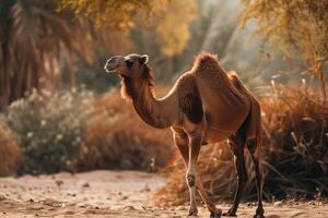 A camel is standing in the desert photo