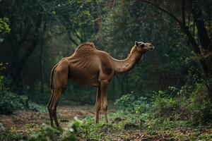 A camel is standing in the middle of a forest photo
