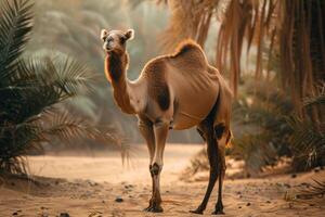 A camel standing in the middle of a desert photo