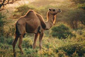 A camel is standing in the grass photo