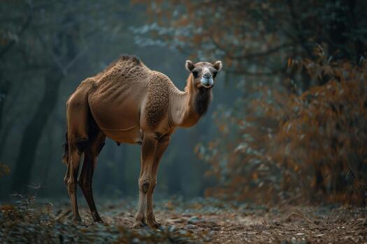 A camel standing in the middle of a forest photo