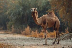 A camel standing on a dirt road in the middle of a forest photo