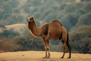 A camel standing in the desert photo
