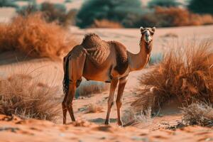 A camel is standing in the desert photo