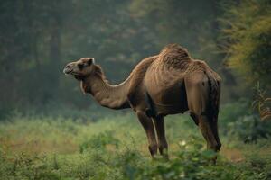 A camel standing in a field with trees in the background photo
