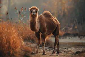 A camel standing in the middle of a field photo