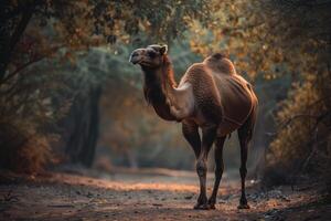A camel is walking through a forest at sunset photo