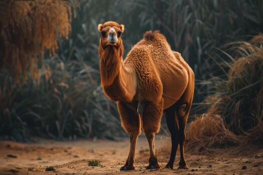 A camel standing in the middle of a desert photo