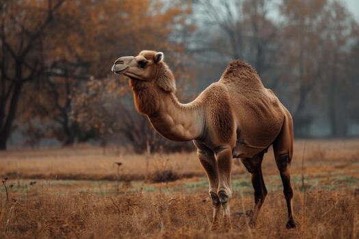 A camel is standing in the middle of a field photo