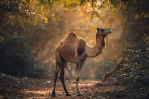 A camel is standing in the middle of a forest photo