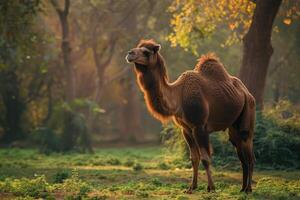 A camel is standing in the middle of a field photo