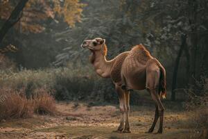 A camel standing in the middle of a field photo