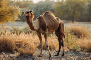 A camel standing in the middle of a field photo