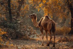 A camel standing in the woods photo