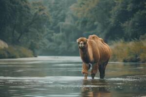A camel walking across a river in the middle of a forest photo