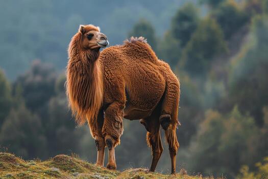 A camel standing on a hill in front of trees photo