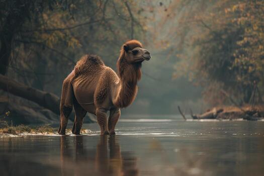 A camel is standing in the water in front of a forest photo