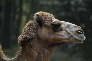 A close up of a camel with a forest in the background photo