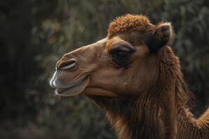 A close up of a camel with a tree in the background photo