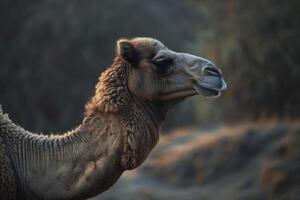 A close up of a camel's head photo