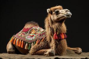 A camel with a colorful scarf on its back photo