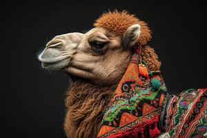A camel with a colorful scarf on its head photo