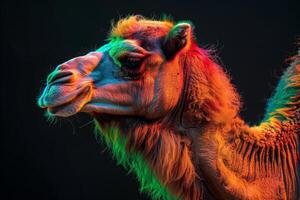 A camel with colorful hair is shown in front of a black background photo