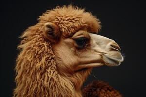 A close up of a brown camel with a black background photo