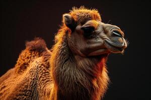 A camel is standing in front of a dark background photo