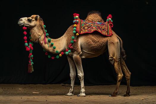 A camel with a colorful saddle on it photo