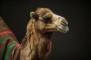 A camel with a blanket on its head photo