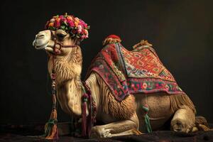 A camel with a colorful headdress sitting on a blanket photo