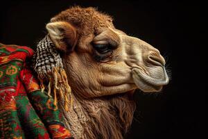 A camel with a blanket on its head photo