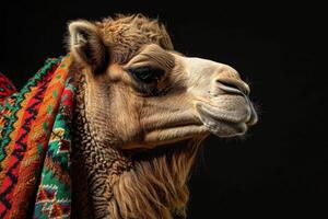 A camel with a colorful blanket on its head photo