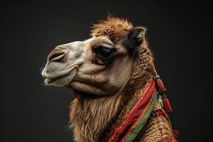 A camel with a scarf on its neck photo