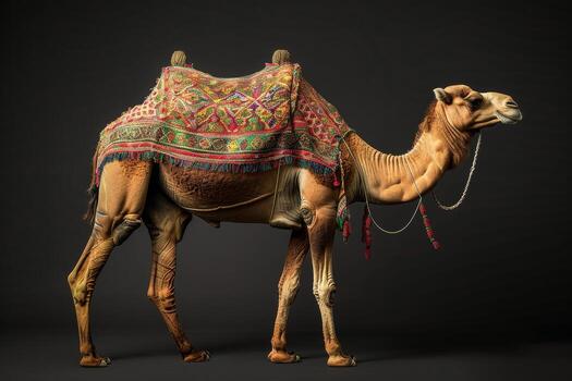 A camel with a colorful saddle on it photo