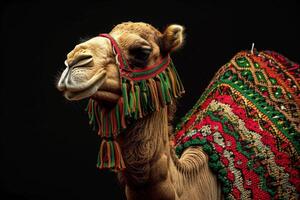 A camel with a colorful blanket on its back photo